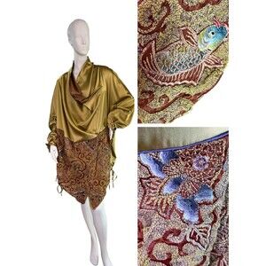 Antique Vintage Gold Silk Charmeuse Robe Opera Coat Gold Couching Embroidery O/S
